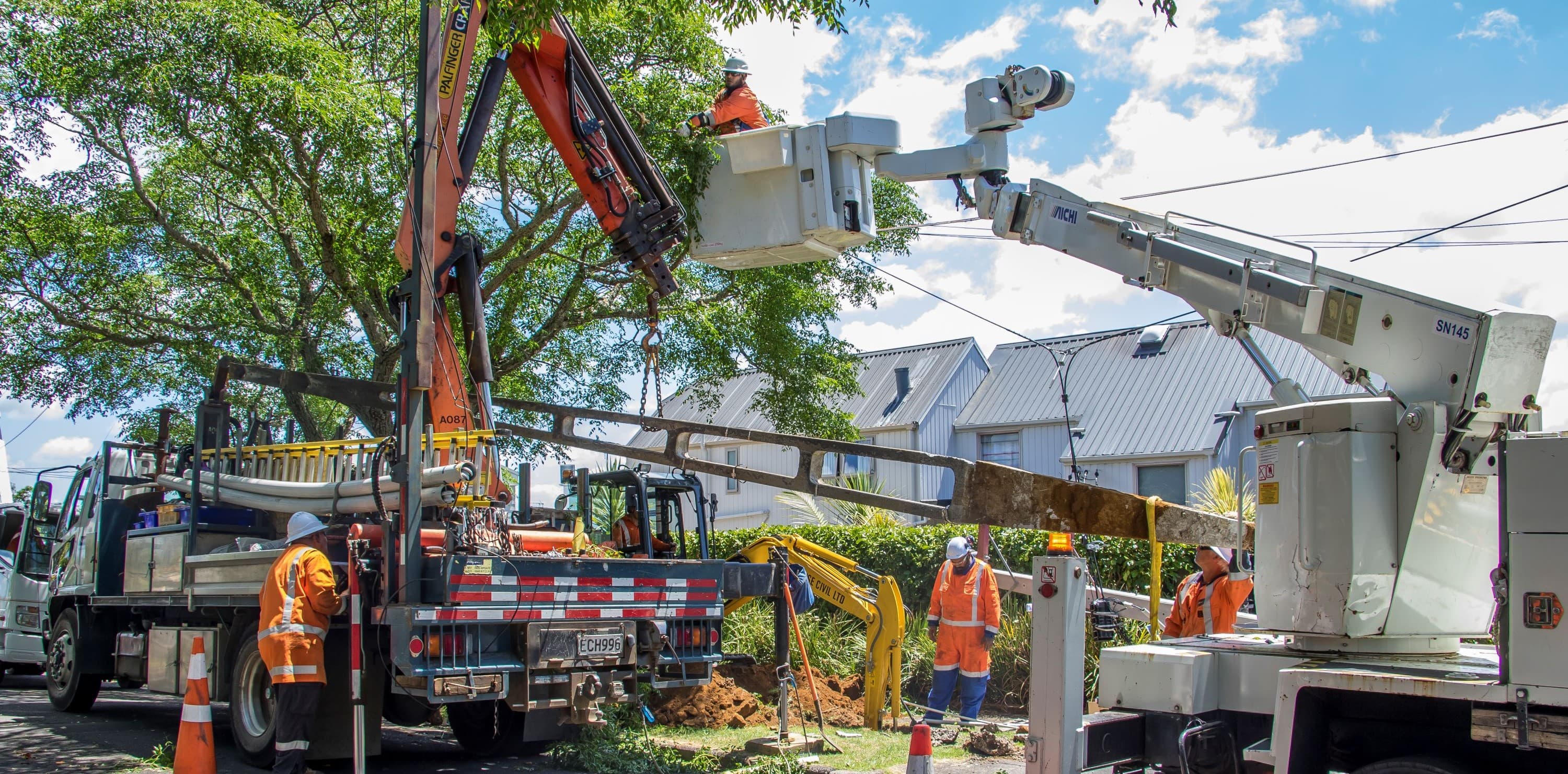 Electricity pole being removed from residential Auckland road near tree with machinery 